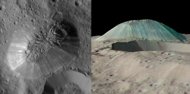 <p>Imagen en alta resolución de Ahuna Mons y simulacion en falso color a partir de las imágenes captadas por la sonda Dawn en Ceres. / NASA/JPL-Caltech/UCLA/MPS/DLR/IDA</p>