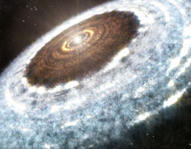 <p>Ilustración de la línea de nieve del agua alrededor de la joven estrella V883 Orionis, tal y como la ha detectado ALMA. / A. Angelich /ALMA</p>