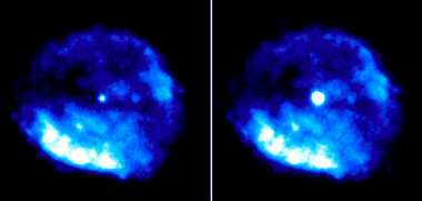<p>Imágenes en rayos X del remanente de la supernova RCW103, con el magnetar brillante en el centro. Izquierda: datos de observaciones entre 2011-2015. Derecha: datos de la erupción de 2016. / CSIC</p>
