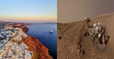 <p>En la isla de Santorini se han encontrado rocas basálticas parecidas a las que ha localizado el <em>rover</em> Curiosity en el cráter Gale de Marte. / Nextvoyage-Pixabay/NASA/JPL-Caltech/MSSS</p>