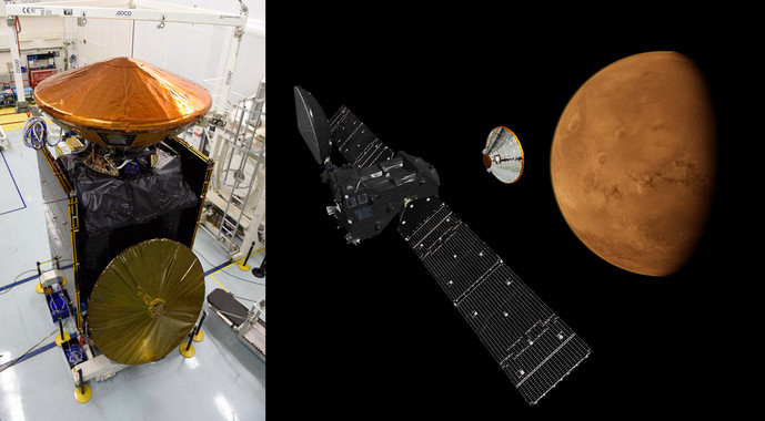 <p>Módulo EDM o Schiaparelli (arriba) instalado sobre el orbitador TGO (plegado abajo) en la planta de Cannes. A la derecha, cómo se desplegarán cuando se acerquen a Marte. / ESA</p>