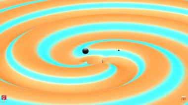 <p>Ilustración de una fusión de dos agujeros negros, que genera ondas gravitacionales como las detectadas ahora. / University of Maryland</p>